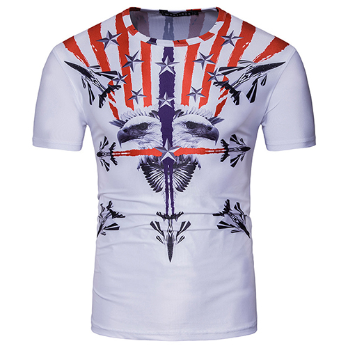 Leisure Round Neck Short Sleeves Striped Printed White Cotton Blends T-shirt