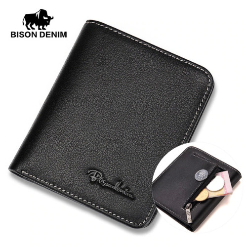 BISON DENIM Men Wallets Black Genuine Leather Purse For Men Business Card Holder Men's Wallet Mini N4429