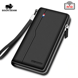 BISON DENIM Real Cow leather Men Wallets Genuine Leather Long Purse For Men RFID Zipper Large Capacity Card Holder Purse N8226