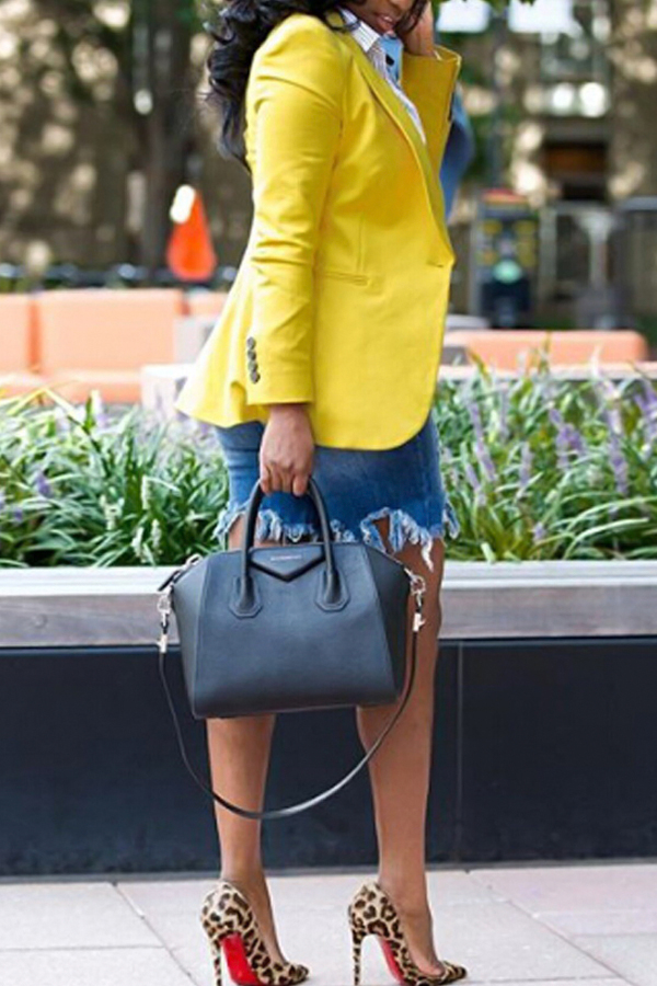  Stylish Turndown Collar Single Button Yellow Polyester Blazer