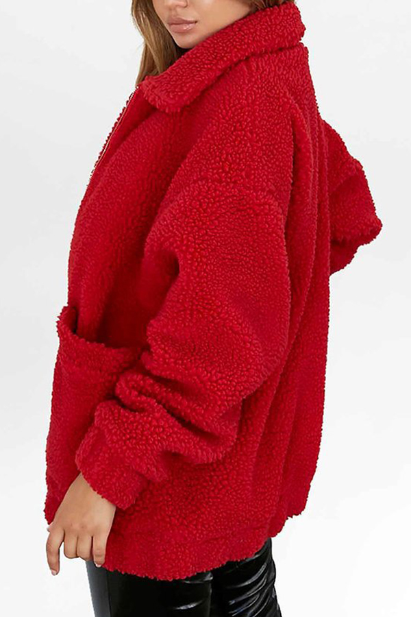  Casual Turndown Collar Long Sleeves Red Polyester Coat