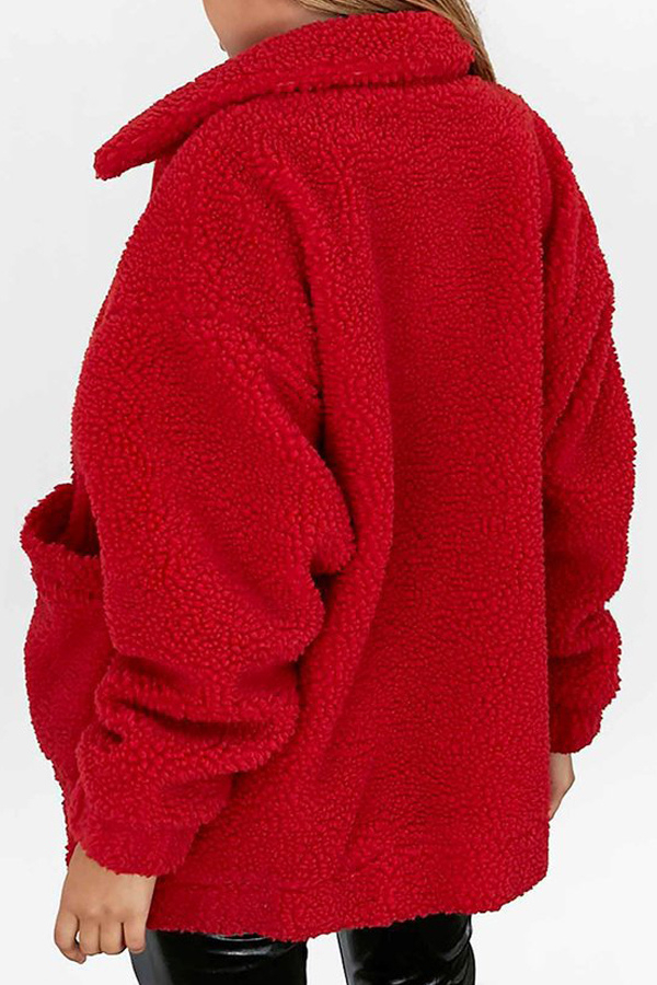  Casual Turndown Collar Long Sleeves Red Polyester Coat