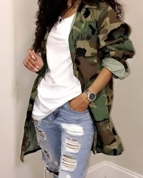  Casual Turndown Collar Single Breasted Camo Cotton Blends Coat(Without Belt)