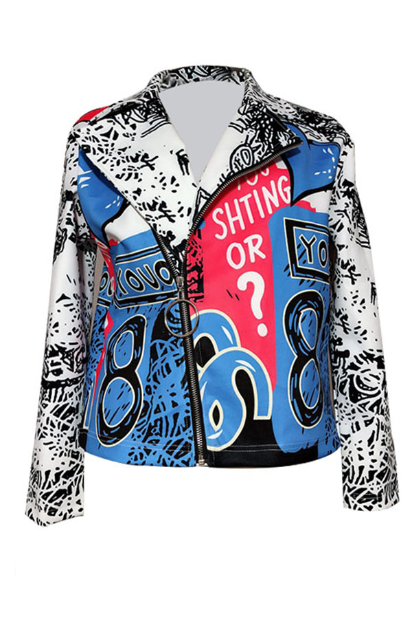  Chic Turndown Collar Long Sleeves Printed Blue Polyester Zipped Coat