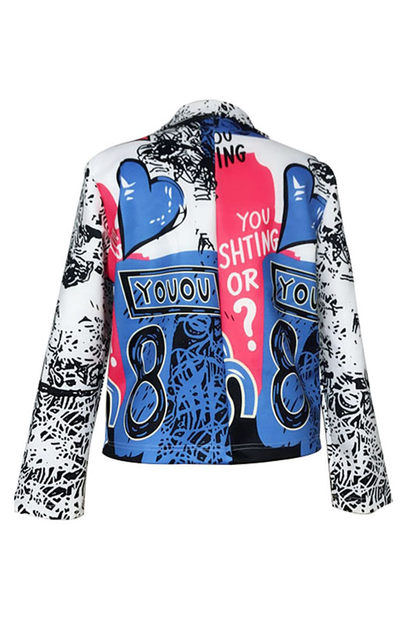  Chic Turndown Collar Long Sleeves Printed Blue Polyester Zipped Coat