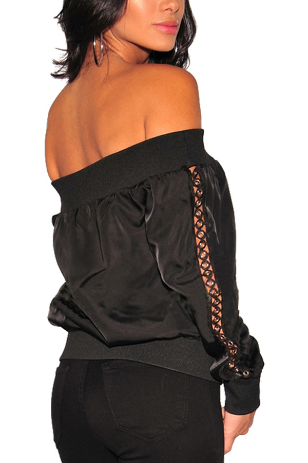  Euramerican Dew Shoulder Zipper Design Black Polyester Coat