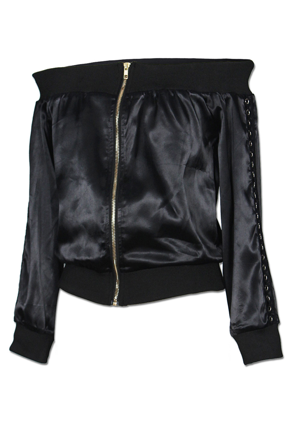  Euramerican Dew Shoulder Zipper Design Black Polyester Coat