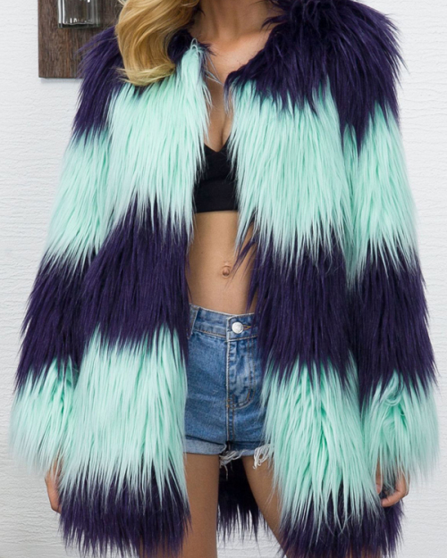 Euramerican Long Sleeves Patchwork Green Faux Fur Long Coat Euramerican Long Sleeves Patchwork Green Faux Fur Long Coat