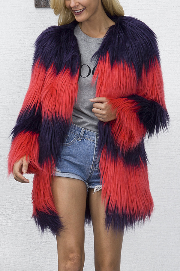  Euramerican Long Sleeves Patchwork Red Faux Fur Long Coat