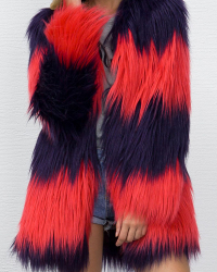  Euramerican Long Sleeves Patchwork Red Faux Fur Long Coat