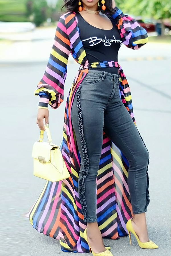  Euramerican Long Sleeves Striped Patchwork Chiffon Long Coat(Only The Coat)