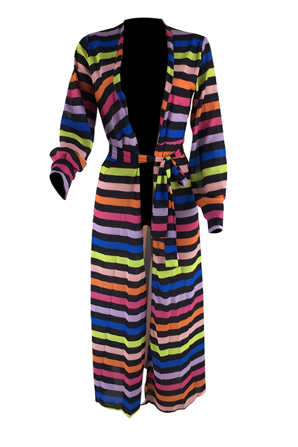  Euramerican Long Sleeves Striped Patchwork Chiffon Long Coat(Only The Coat)