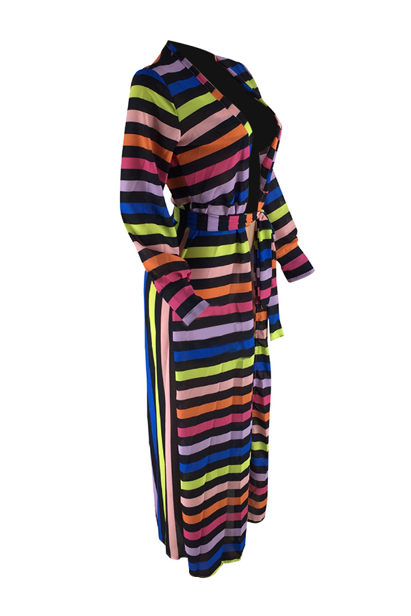  Euramerican Long Sleeves Striped Patchwork Chiffon Long Coat(Only The Coat)