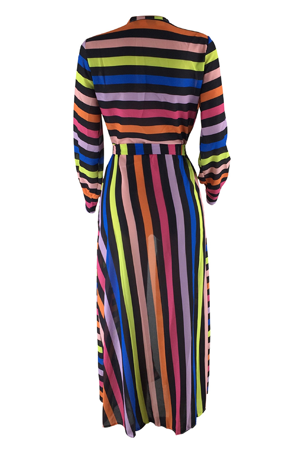  Euramerican Long Sleeves Striped Patchwork Chiffon Long Coat(Only The Coat)