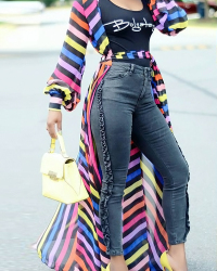  Euramerican Long Sleeves Striped Patchwork Chiffon Long Coat(Only The Coat)