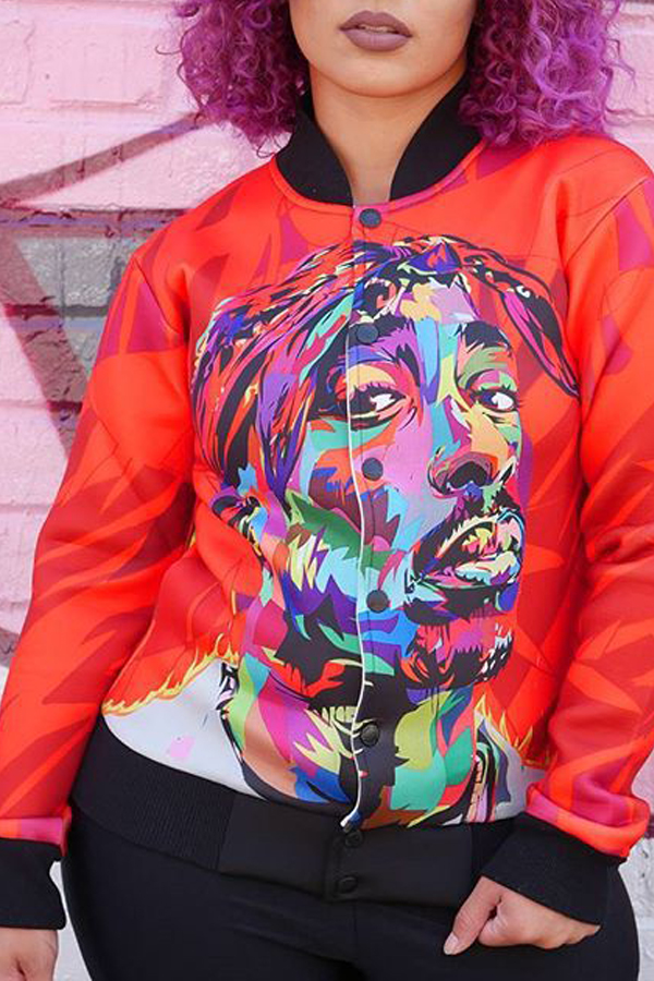  Euramerican Mandarin Collar Printed Red Polyester Jacket