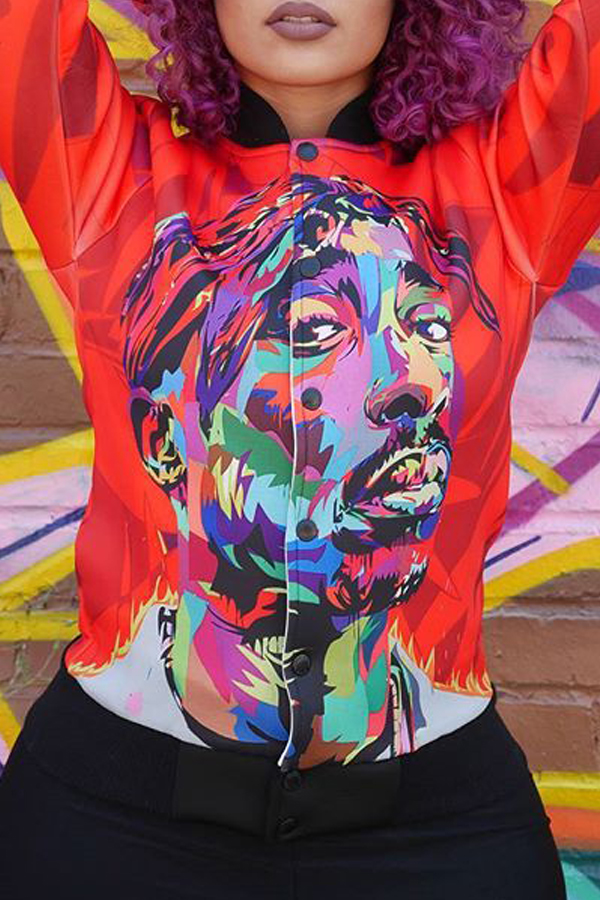  Euramerican Mandarin Collar Printed Red Polyester Jacket