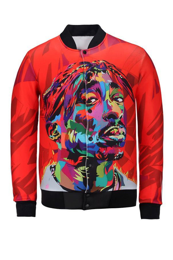  Euramerican Mandarin Collar Printed Red Polyester Jacket