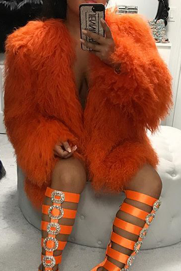  Euramerican Round Neck Long Sleeves Orange Faux Fur Coat