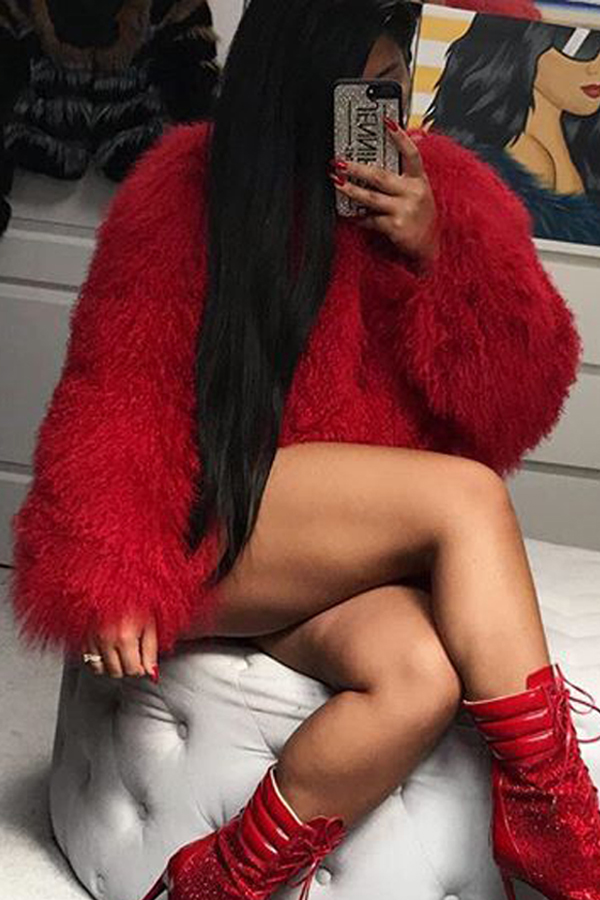  Euramerican Round Neck Long Sleeves Red Faux Fur Coat