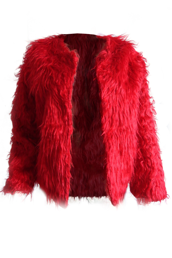  Euramerican Round Neck Long Sleeves Red Faux Fur Coat