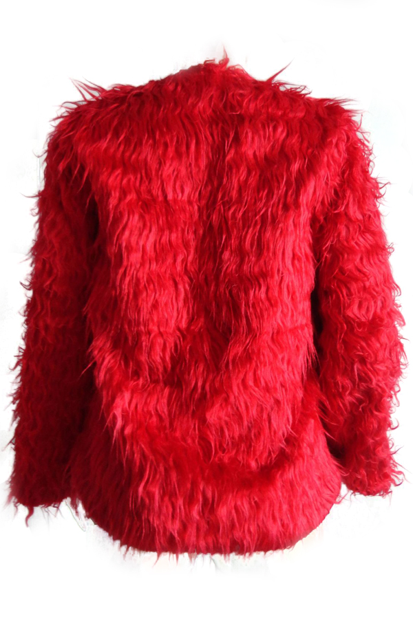  Euramerican Round Neck Long Sleeves Red Faux Fur Coat
