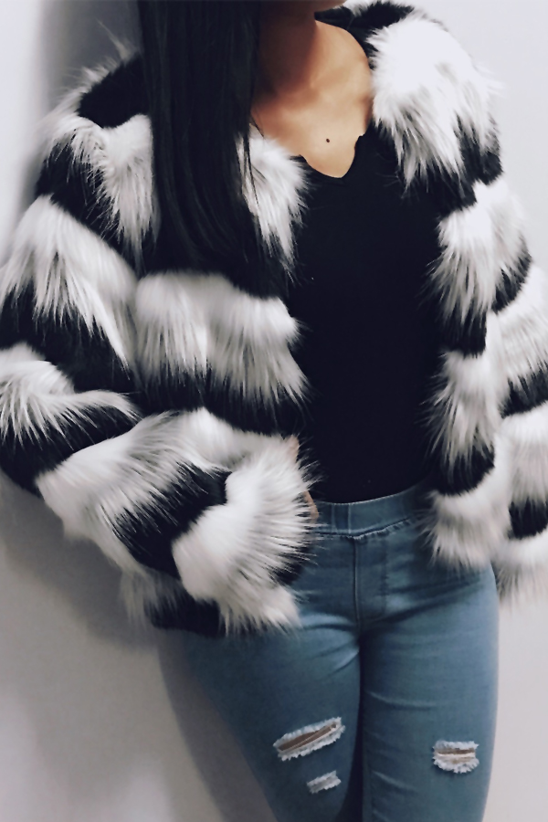  Euramerican Round Neck Ruched Faux Fur Coat