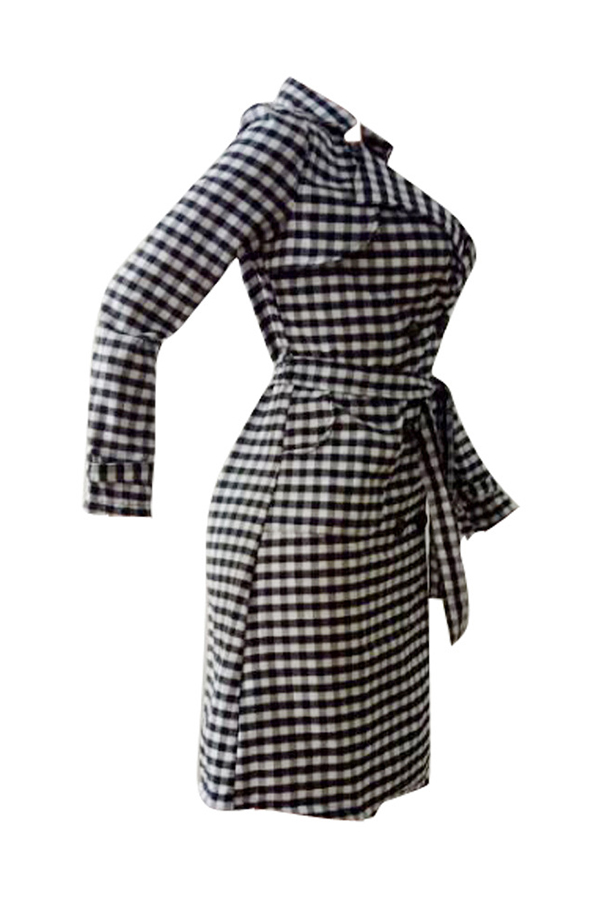  Euramerican Turndown Collar Black-white Grid Polyester Coat