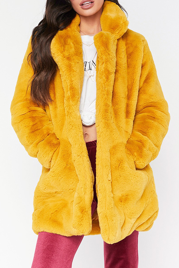  Euramerican Turndown Collar Pocket Design Yellow Faux Fur Regular Coat