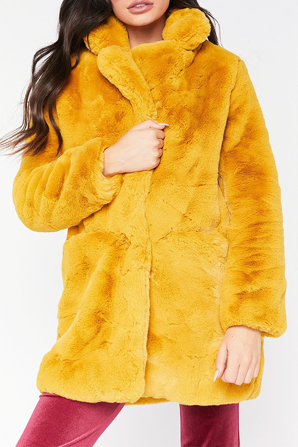  Euramerican Turndown Collar Pocket Design Yellow Faux Fur Regular Coat