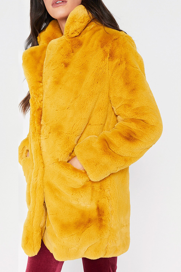  Euramerican Turndown Collar Pocket Design Yellow Faux Fur Regular Coat