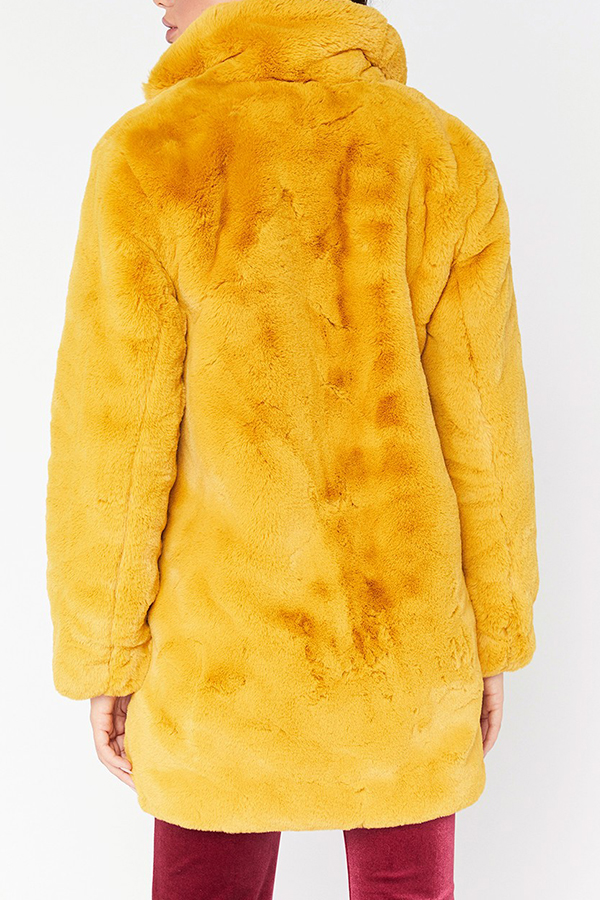  Euramerican Turndown Collar Pocket Design Yellow Faux Fur Regular Coat