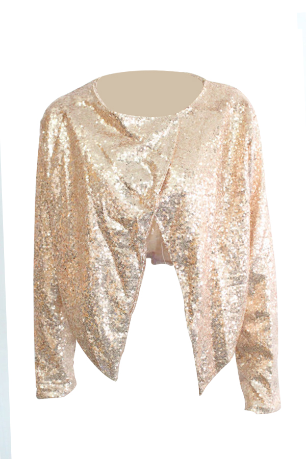 Euramerican Turndown Collar Sequins Decoration Gold Polyester Coat