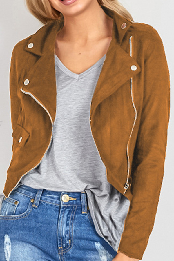  Euramerican Turndown Collar Zipper Design Brown Suede Jacket