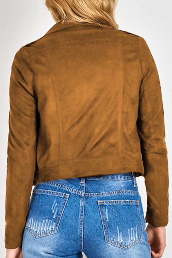 Euramerican Turndown Collar Zipper Design Brown Suede Jacket