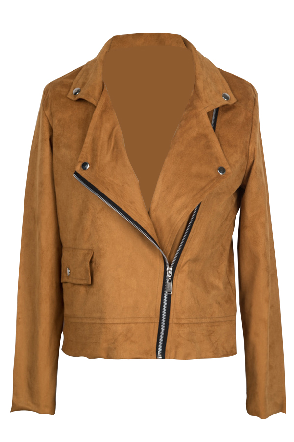  Euramerican Turndown Collar Zipper Design Brown Suede Jacket
