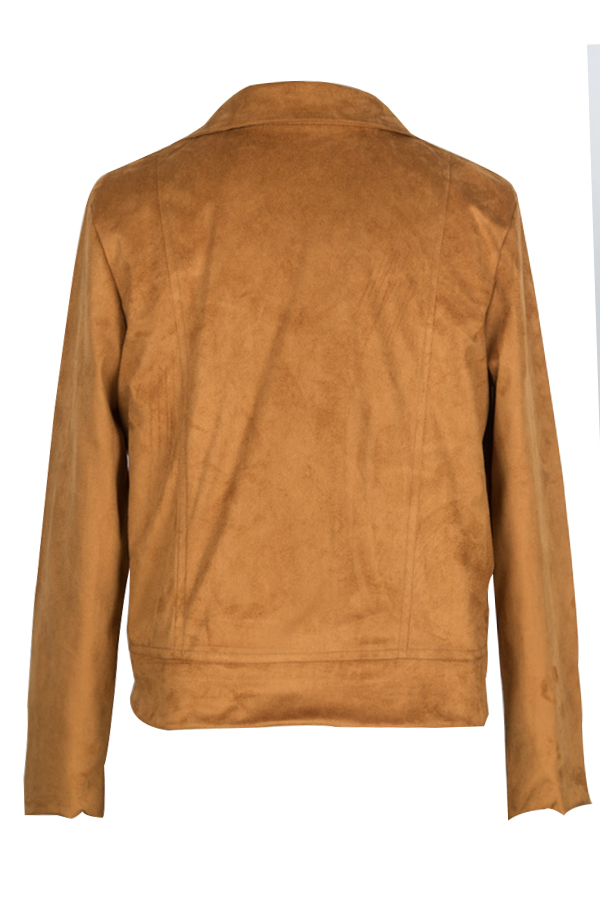  Euramerican Turndown Collar Zipper Design Brown Suede Jacket