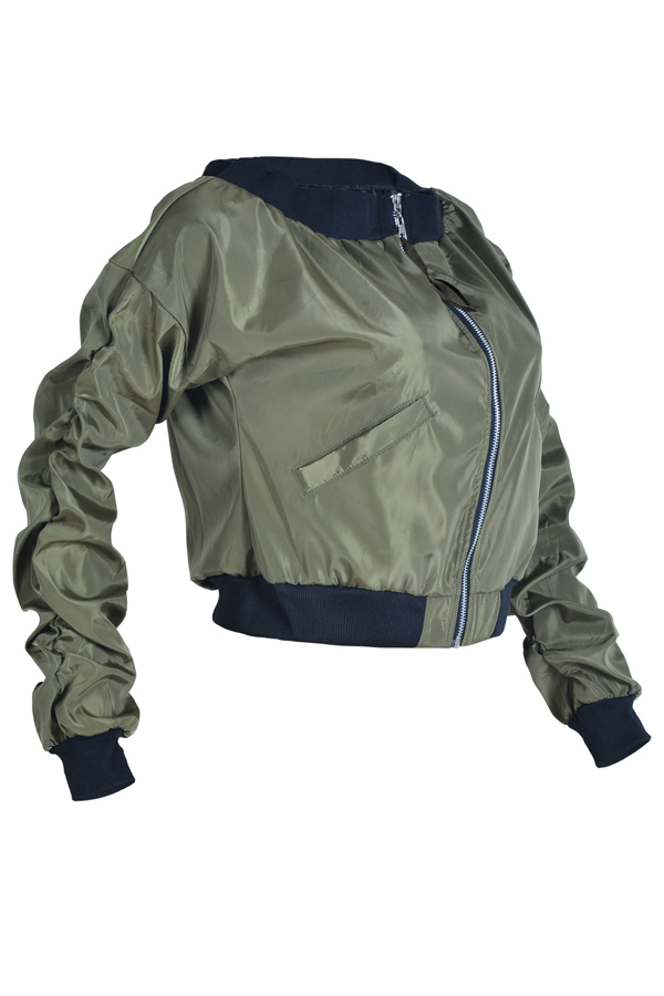  Fashion Round Neck Zipper Design Green Polyester Jacket