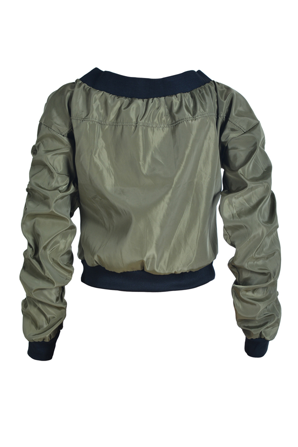  Fashion Round Neck Zipper Design Green Polyester Jacket