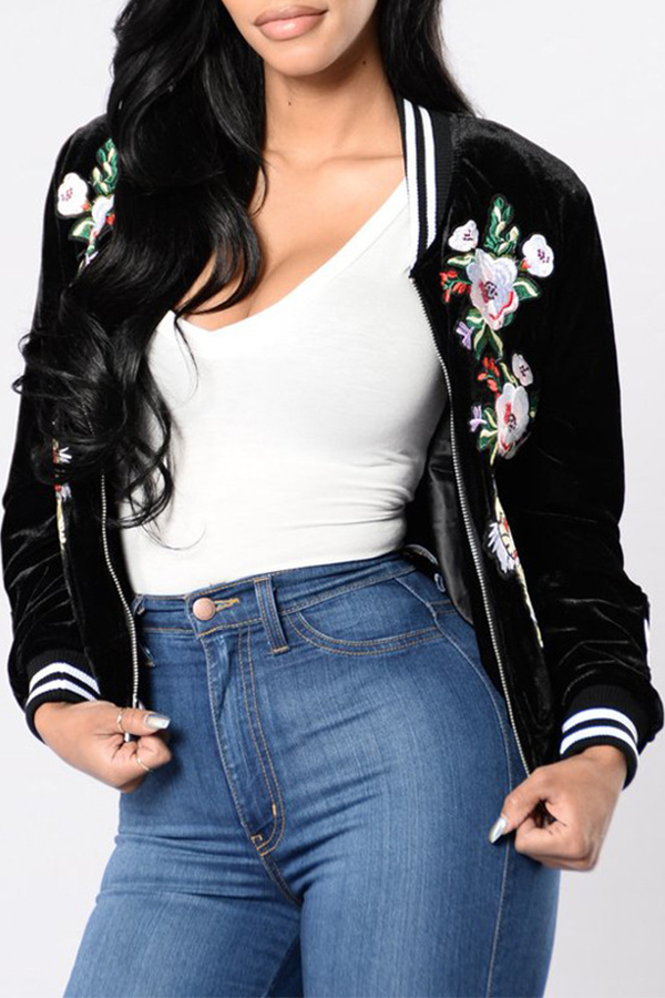  Fashionable Round Neck Embroidered Design Black Velvet Coat