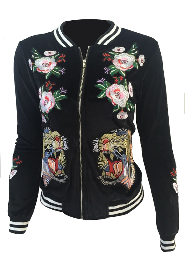  Fashionable Round Neck Embroidered Design Black Velvet Coat