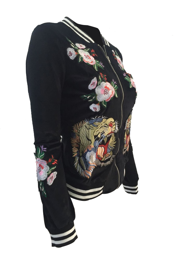  Fashionable Round Neck Embroidered Design Black Velvet Coat