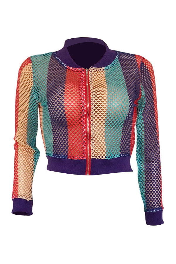  Fashionable Round Neck Hollow-out Printed Polyester Short Coat