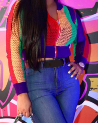  Fashionable Round Neck Hollow-out Printed Polyester Short Coat