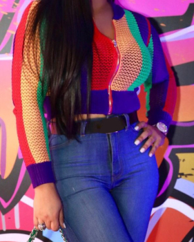  Fashionable Round Neck Hollow-out Printed Polyester Short Coat