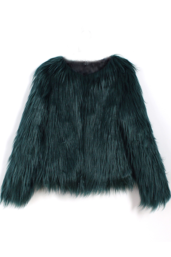 Fashionable Round Neck Long Sleeves Green Faux Fur Coat