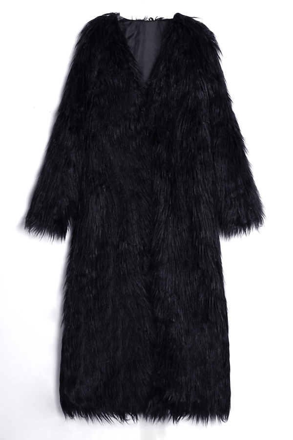  Fashionable V Neck Long Sleeves Black Faux Fur Long Coat