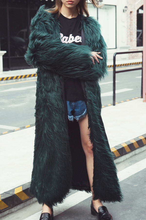  Fashionable V Neck Long Sleeves Green Faux Fur Long Coat
