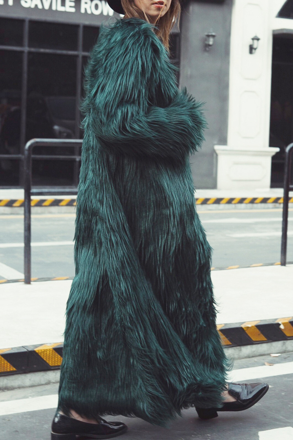  Fashionable V Neck Long Sleeves Green Faux Fur Long Coat