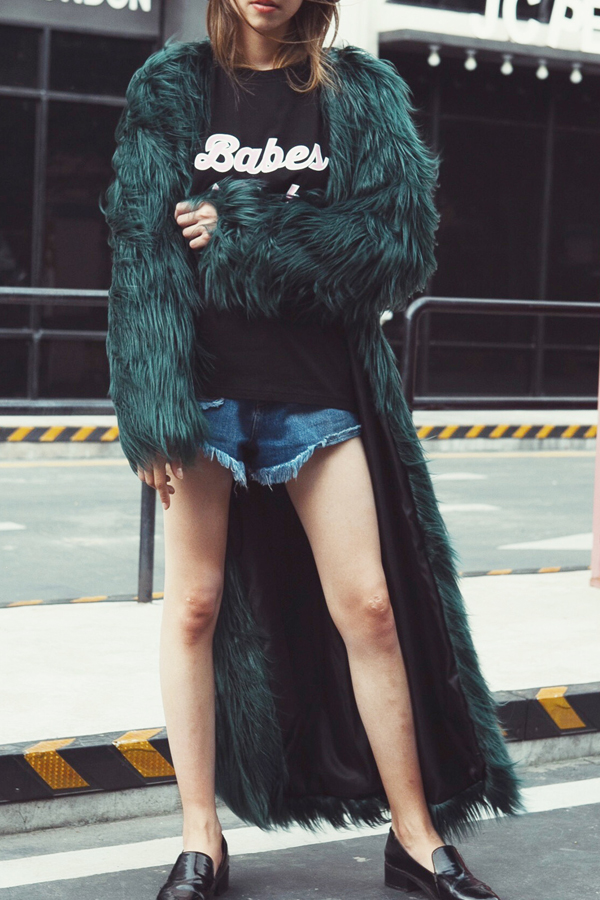  Fashionable V Neck Long Sleeves Green Faux Fur Long Coat